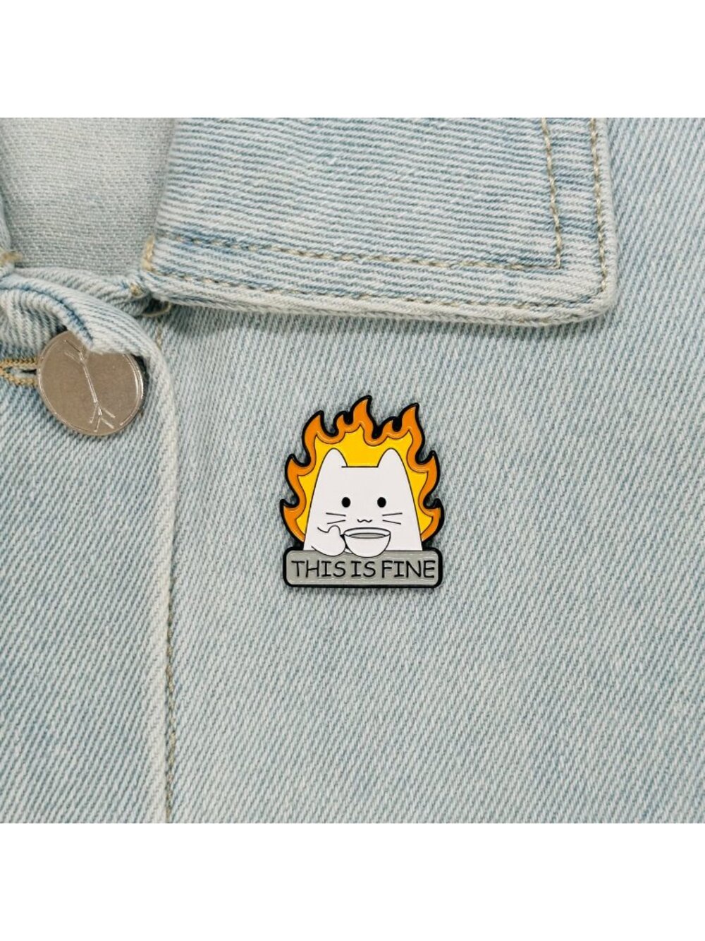 ✨This Is Fine Cat On Fire Sipping Tea Enamel Pin Animal Broch White Cat Cartoon✨